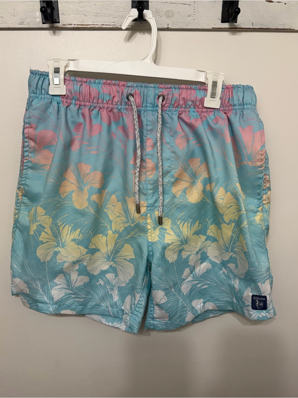The Endless Summer Men's Tropical Floral Swim Trunks in Aqua, Yellow & Pink